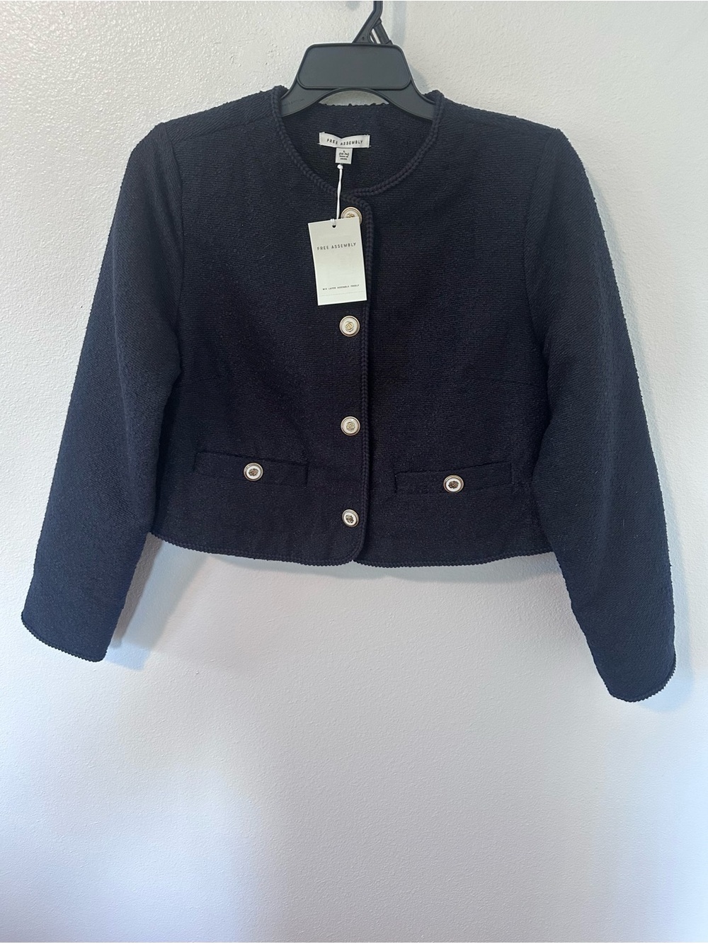 Free Assembly Navy Cropped Bouclé Blazer with Pearl-Style Buttons